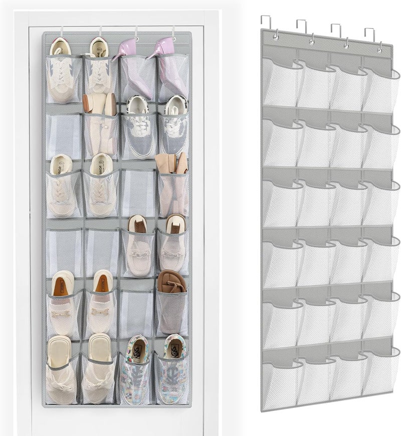 FENTEC 24 Pockets Over the Door Shoe Organizer Hanging Shoe Organizer for Closet, Space Saving Mesh Large Pocket Shoe Storage and Organizer, Shoe Holder for Apartments Garages, Grey 1 Pack - Image 1